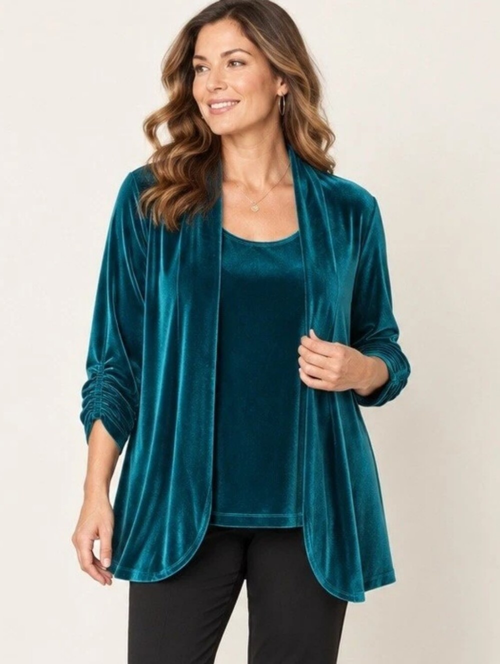 Susan Graver 3 Piece Teal Velvet Cardigan Tank & Pant Set Plus Size 2X